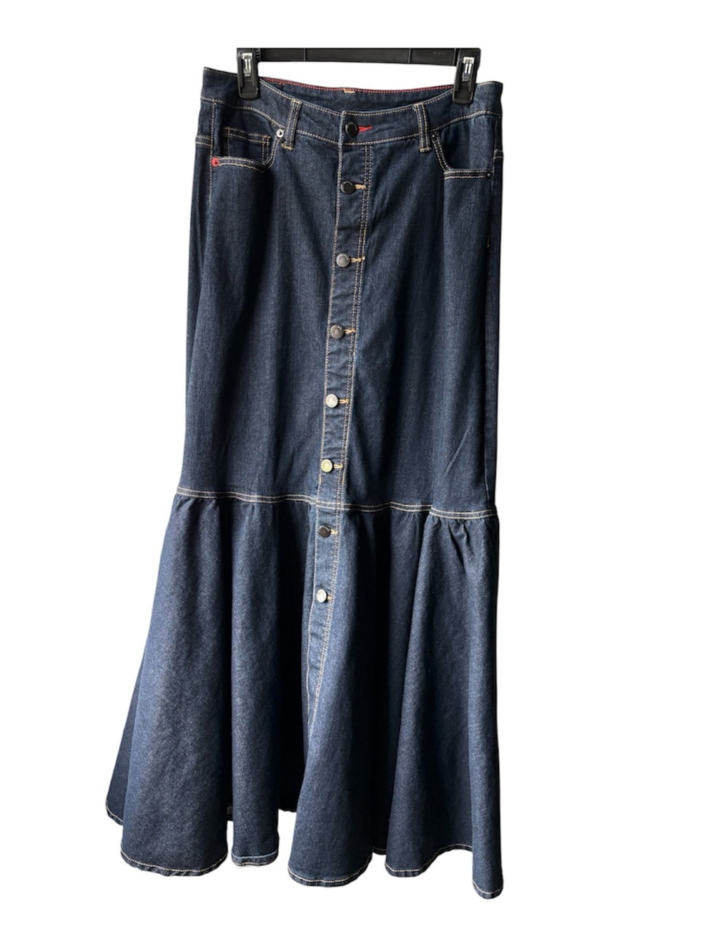 Peace Love World Cottage Core Boho Western Maxi Skirt Front Button with Ruffle